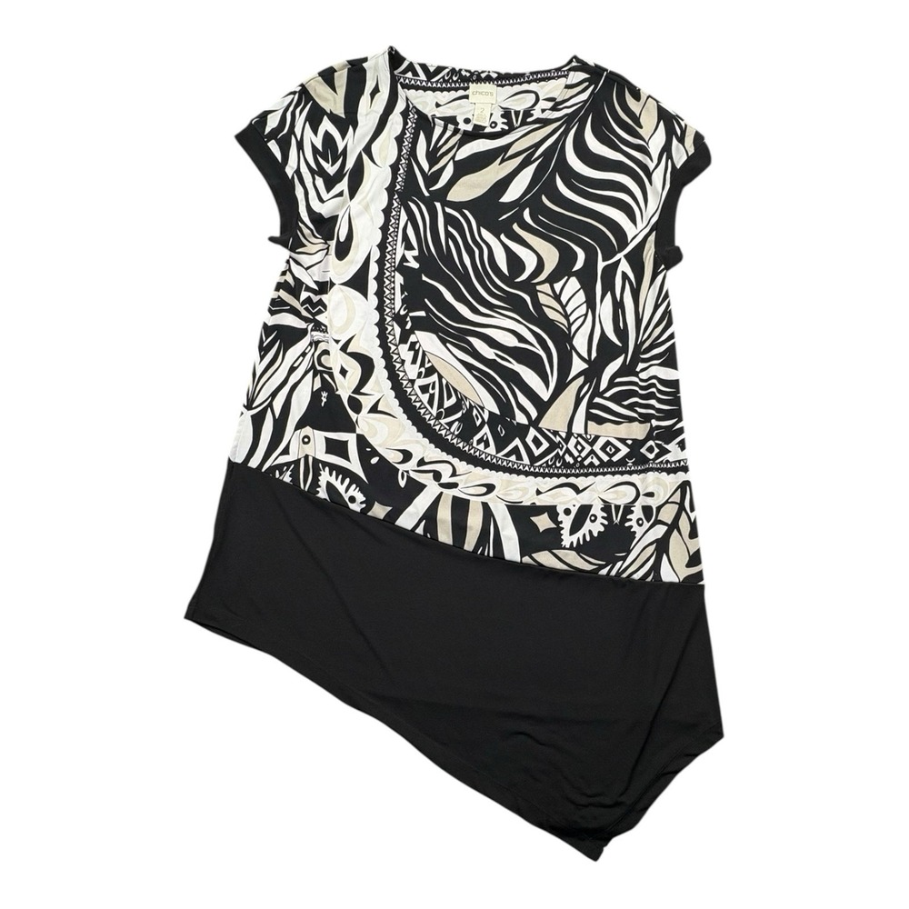 Chico's Size 2 Black Beige‎ Asymmetrical Hem Tunic Top Short Sleeve Stretch